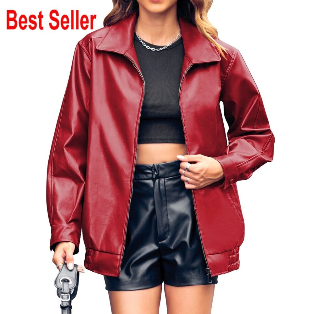 Oversized Faux Leather Bomber Jacket Zip Up Motorcycle Style with Pockets